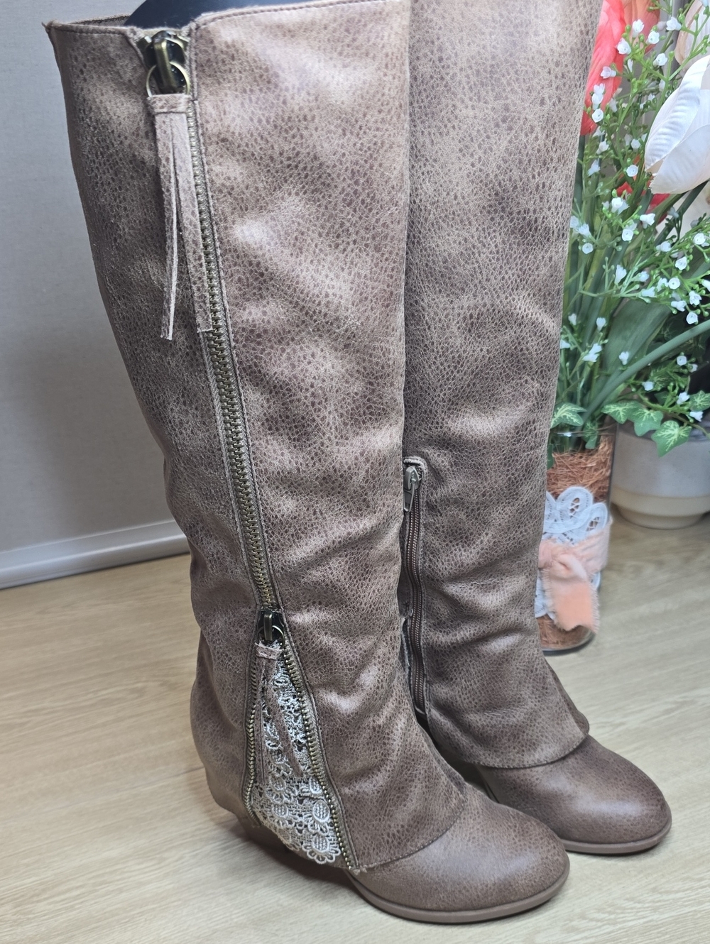 Women's Taupe Knee-High Boots with Decorative Zipper
